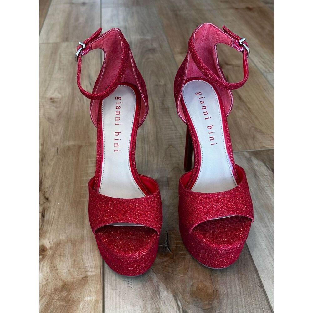 Gianni Bini Sparkling Red Peep-Toe Platform Ankle-Strap Heels - Picture 3 of 13